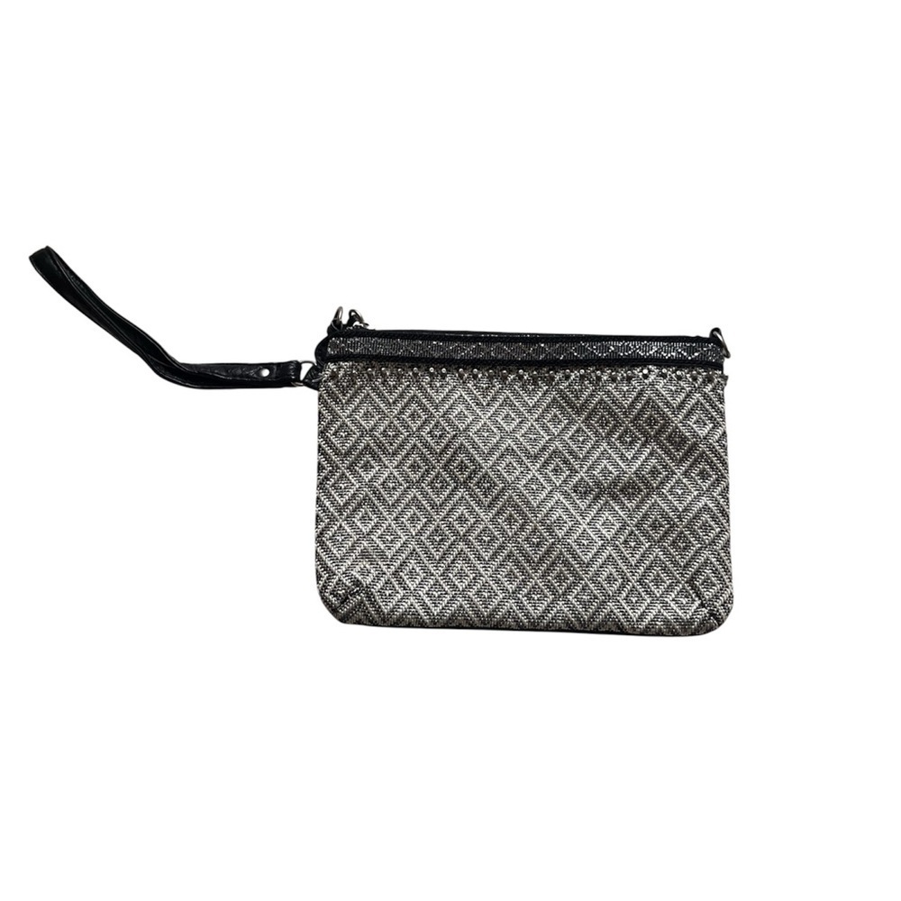 Aeropostale Clutch Wristlet Black Silver Gold Tapestry Beaded Woven Knit Fabric